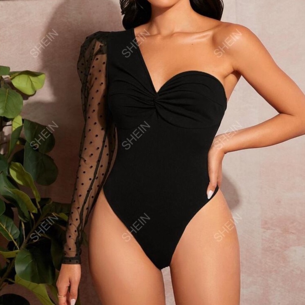 SHEIN Black One-Shoulder Bodysuit Size S